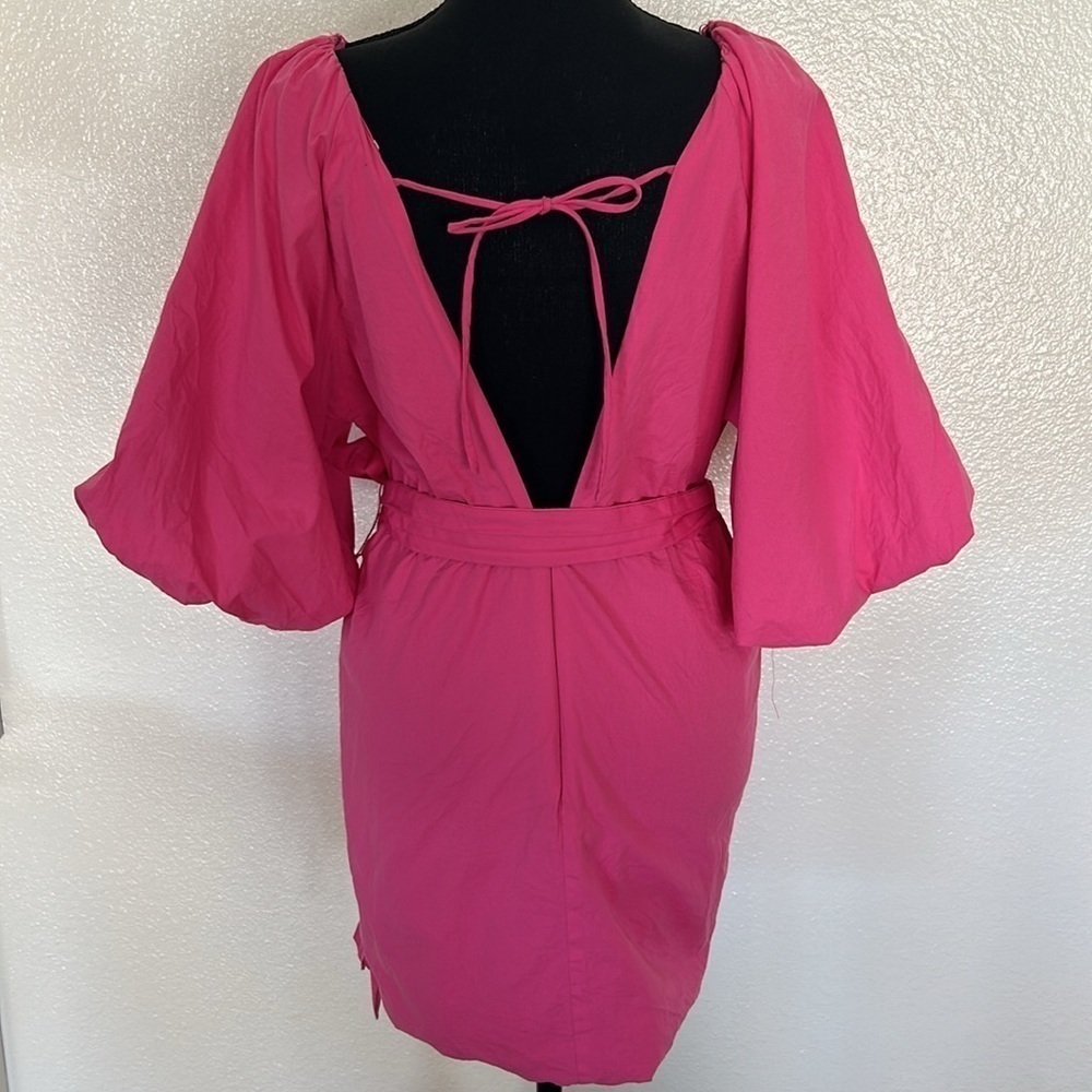 Pink Puff Sleeve with Tie Belt Mini Dress Size Large - Picture 10 of 14